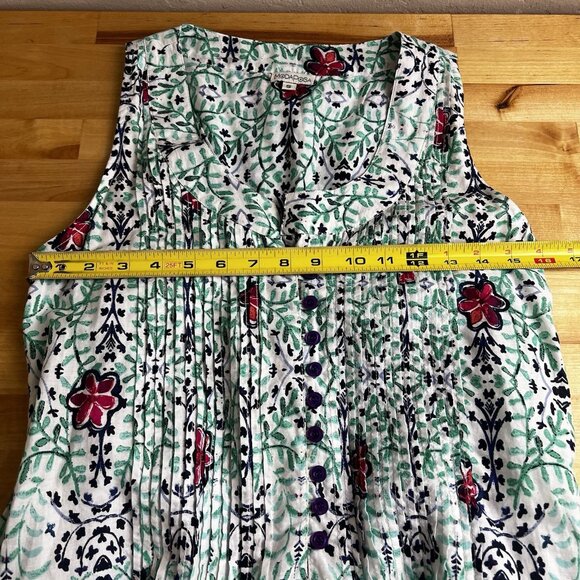 Modaposa Pintuck Sleeveless Cotton Dress Lined Green Floral Resort‎ Size Small - Picture 10 of 11